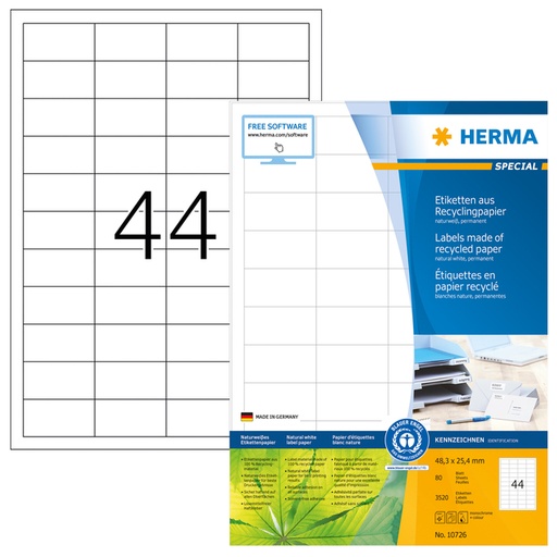 [1421067] Etiquette HERMA Recycling 10726 48,3x25,4mm blanc 3520 pièces