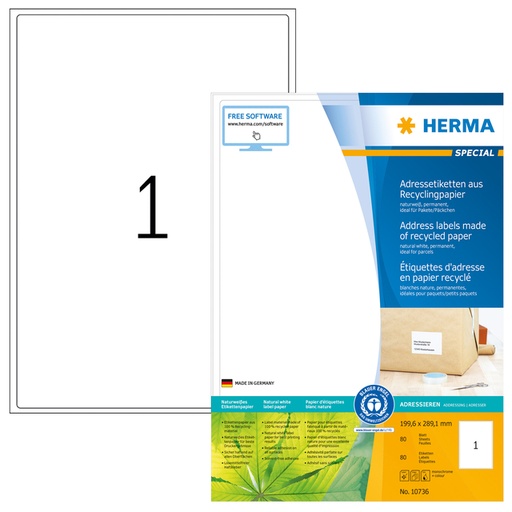 [1421068] Etiket HERMA recycling 10736 199.6x289.1mm  80stuks wit