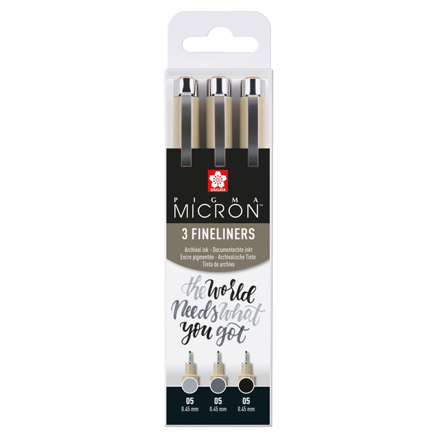 Fineliner Sakura Pigma Micron 05 set zwart & grijs 3 maten