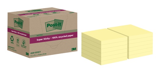 [1406931] Bloc-mémos Post-it 654 Super Sticky RSS12CY Recyclé 76x76mm jaune canari 12 pièces