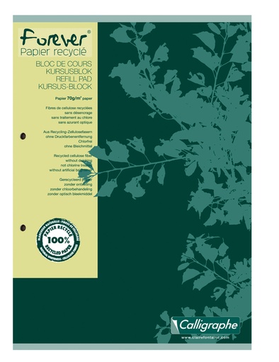 [1423122] Bloc de cours Clairefontaine Forever Calligraphe A4 ligné 2 perf 200 pages 70g vert