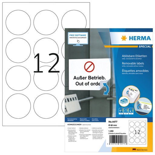 [1423685] Etiket HERMA 4477 60mm verwijderbaar wit 1200 etiketten