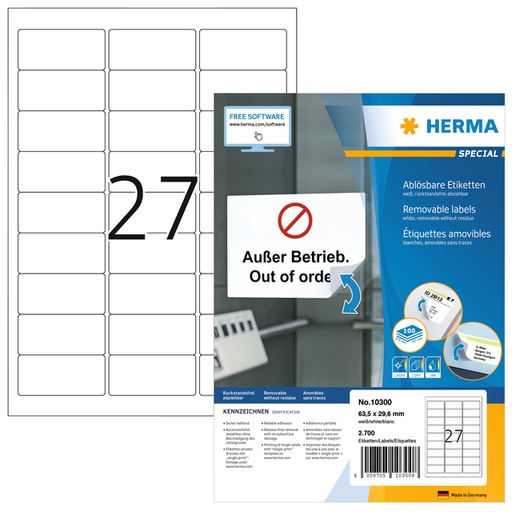 [1423690] Etiket HERMA 10300 63.5x29.6mm verwijderbaar wit 2700 etiketten