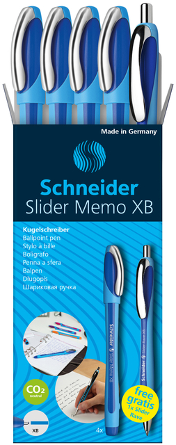 Stylo bille Schneider Slider Memo XB bleu set 4 pièces + 1 slider gratuit