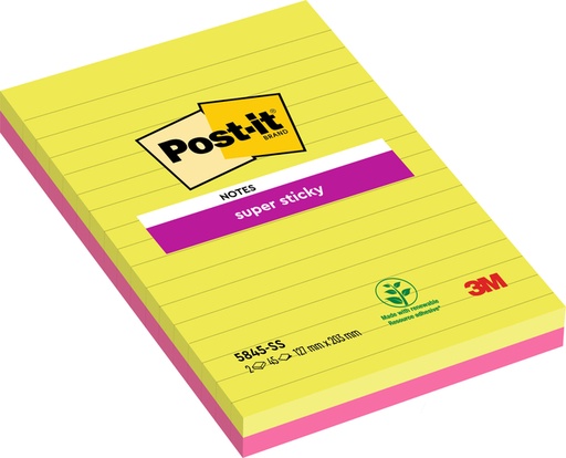 [1430801] Memoblok 3M Post-it 5845 Super Sticky 127x203mm lijn assorti kleur 90 vel