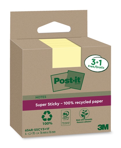 [1430807] Memoblok 3M Post-it 654 RSSCOL 76x76mm geel 3+1 gratis