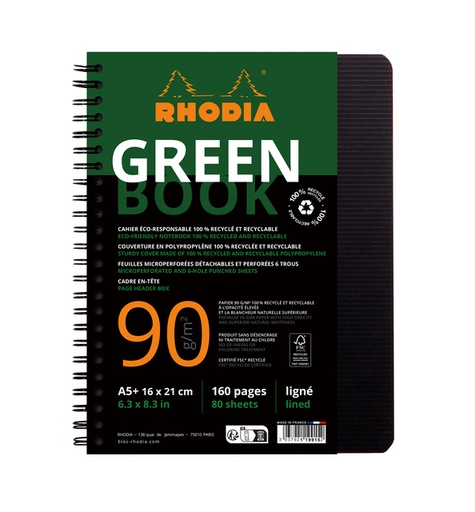 [1430755] Cahier de notes Rhodia Greenbook A5 ligné 6 perforations 180 pages 90g noir