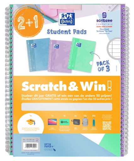 [1430431] Bloc collège Oxford School A4+ ligné 23 perf 160 pages 80g Scratch&Win pastel ass