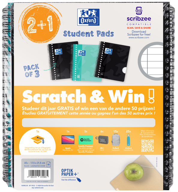 Bloc collège Oxford School A5+ ligné 17 perf 160 pages 80g Scratch&Win assorti