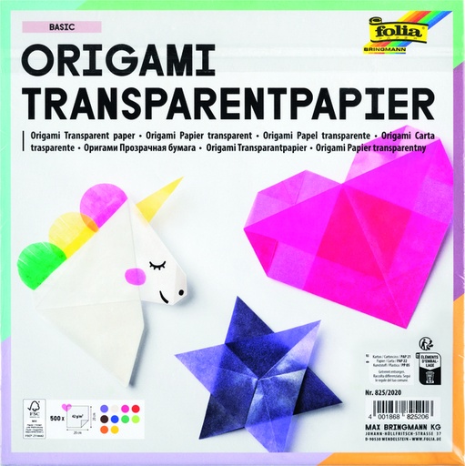 [1433047] Origami papier Folia 20x20cm transparant 42gr 500 vel in 10 kleuren