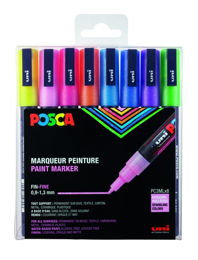 [1433882] Marqueur peinture Posca PC3M Fin pastel pailleté set 8 pièces