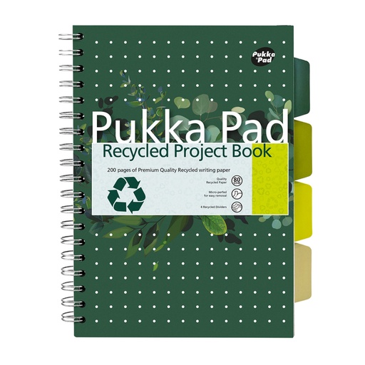 [1434363] Carnet de projets Pukka Pad Recycled B5 ligné 4 intercalaires 200 pages 80g vert