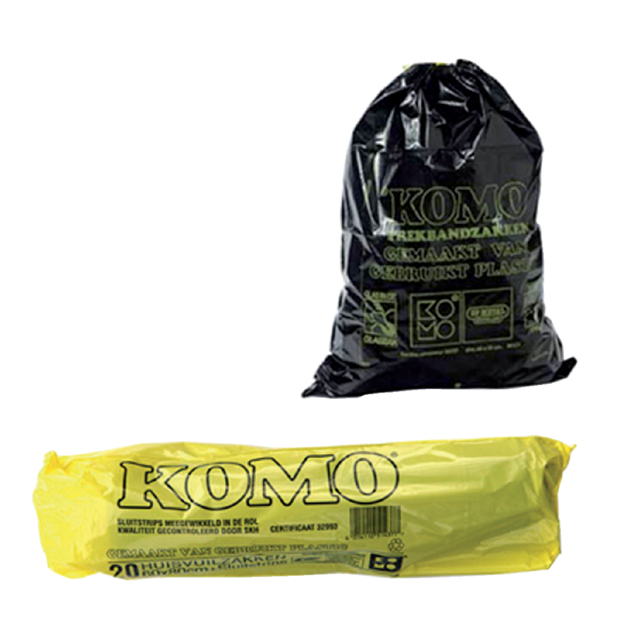Sac poubelle Komo 60L à lien coulissant rouleau 15 pièces noir