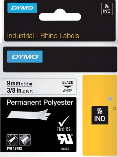 [930867] Labeltape Dymo Rhino industrieel polyester 9mm zwart op wit