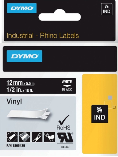 [930875] Labeltape Dymo Rhino industrieel vinyl 12mm wit op zwart