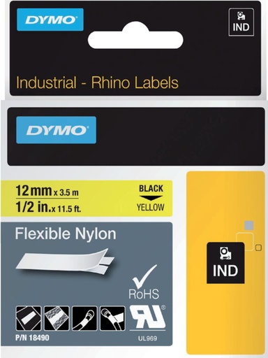 [930286] Ruban Dymo Rhino Industriel nylon 12mmx3,5m noir sur jaune