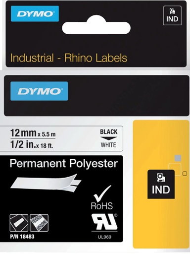 [930862] Labeltape Dymo Rhino industrieel polyester 12mm zwart op wit