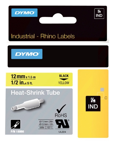 [930305] Labeltape Dymo Rhino industrieel krimpkous 12mm zwart op geel