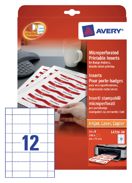 Insert pour badge Avery L4726-20 40x75mm micro perforation