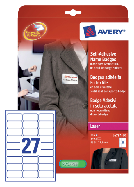 Badge adhésif Avery L4784-20 63,5x29,6mm 540 pièces