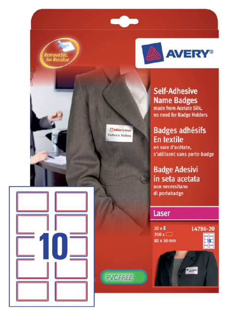 Badge adhésif Avery L4786-20 80x50mm cadre rouge 200 pièces